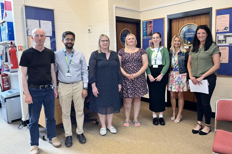L-R: Paul Susans, Chair of Citizens Advice East Hampshire; Cllr Adeel Shah; Helen Drake, CEO CAEH; Karen Wright, CAEH Outreach Worker; Rosalind Carvell, EHDC; Kirsty Cope, EHDC; Cllr Charlene Maines.